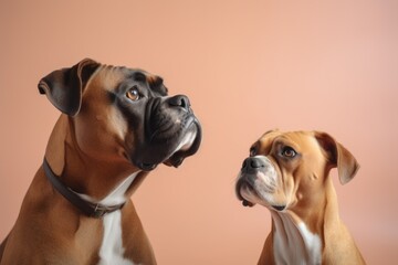 Fototapeta premium Group portrait photography of a curious boxer dog being with a pet cat against a pastel or soft colors background. With generative AI technology