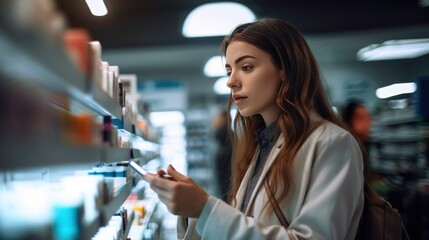 Woman using a tablet in a pharmacy.Generated by AI