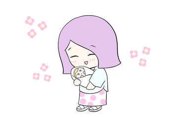 赤ちゃんを抱く女性　全身　穏やか　透過素材　PING　イラスト　微笑む女性
