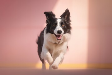 Full-length portrait photography of a happy border collie running against a pastel or soft colors background. With generative AI technology