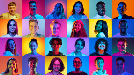Fototapety  Collage made of portraits of young people of diverse age, gender and race posing, smiling over multicolored background in neon light. Concept of human emotions, youth, lifestyle, facial expression. Ad