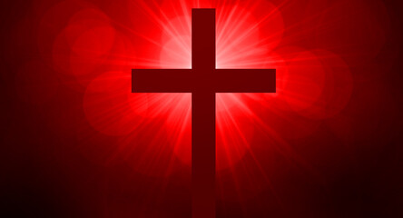 Cross surrounded by red sun rays. Easter and resurrection concept.