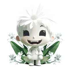 Cute mascot, 3d Mascot, Mascot with Flower, 3D Character, Cute Character, White Flower, Flower Cute
