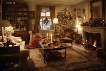 Fototapeta na wymiar Merry Xmas_and New Year living room decor, Generative AI