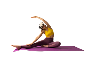 Stretching. Sportive young girl doing yoga exercises in VR headset glasses. Png. Concept of sport, health and virtual reality