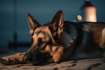 Medium shot portrait photography of an aggressive german shepherd sleeping against lighthouses background. With generative AI technology