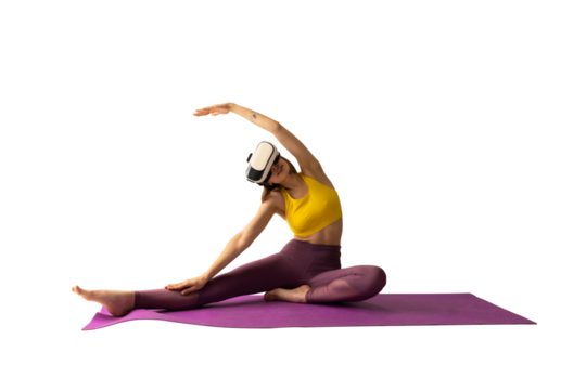 Stretching. Sportive young girl doing yoga exercises in VR headset glasses. Png. Concept of sport, health and virtual reality