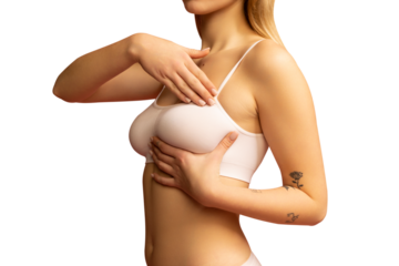 Cropped image of female body, breast in white underwear isolated over transparent background png. Mammoplasty, health, medicine exam concept.