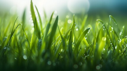 Spring summer, juicy green grass in drops of morning dew rain water close-up macro in the sunlight on a bright background..Generative AI