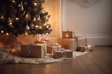 Beautiful Christmas gift boxes on floor near Christmas Tree, generative AI