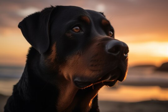 Medium shot portrait photography of a curious rottweiler watching a sunset with the owner against dog-friendly beaches background. With generative AI technology