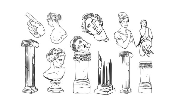 Hand drawn vector abstract outline,graphic,line greek ancient sculpture statue line art modern drawing set.Antique classic statues in trendy bohemian style,outline design concept.Antique statue logo.