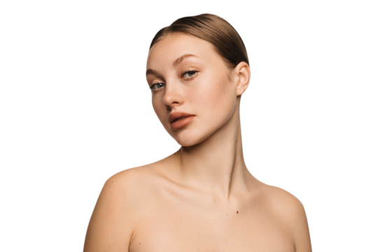 Closeup portrait of beautiful young girl with smooth clear skin and without makeup looking at camera. Png, Concept of natural beauty