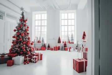 White Space Christmas living room with Gifts, Generative AI