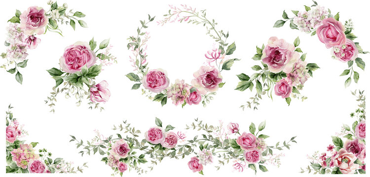 Watercolor flower border set. Pink floral frame with peony, rose, hydrangea. Wreath arrangement for card, invitation, decoration. Illustration isolated on transparent background