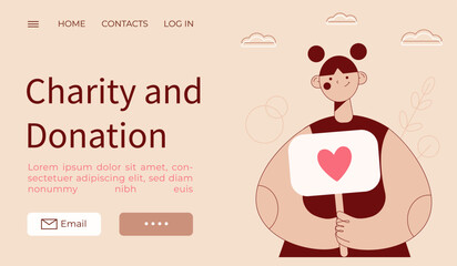 Donation and charity concept.web banner,card,infographic.girl holding posters with heart.Simple vector illustration