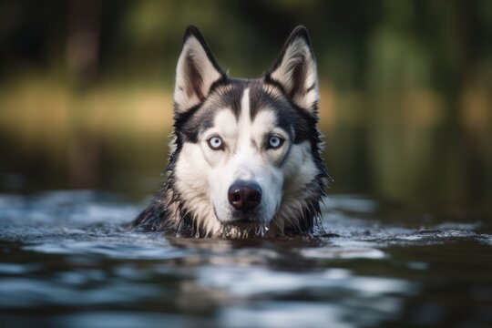 Medium shot portrait photography of an aggressive siberian husky swimming in a lake against national parks background. With generative AI technology