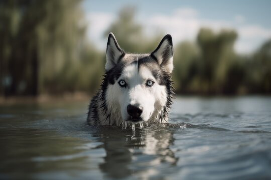 Medium shot portrait photography of an aggressive siberian husky swimming in a lake against national parks background. With generative AI technology