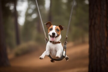 Conceptual portrait photography of a happy jack russell terrier swinging against national parks background. With generative AI technology