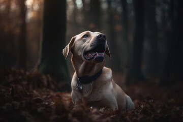 Conceptual portrait photography of an aggressive labrador retriever licking himself against forests and woodlands background. With generative AI technology