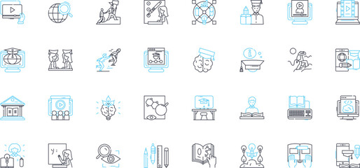 E-learning education linear icons set. Online, Interactive, Digital, Multimedia, Virtual, Remote, Blended line vector and concept signs. Responsive,Self-paced,Gamified outline illustrations