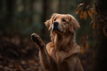 Studio portrait photography of a happy golden retriever giving the paw against forests and woodlands background. With generative AI technology