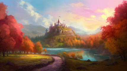 a beautiful colorful landscape illustration with a castle on the mountain. Fairy tale. A castle on the mountain. Crystal clear lake, long fields, mountains.