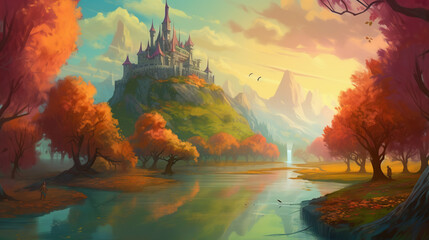 a beautiful colorful landscape illustration with a castle on the mountain. Fairy tale. A castle on the mountain. Crystal clear lake, long fields, mountains.