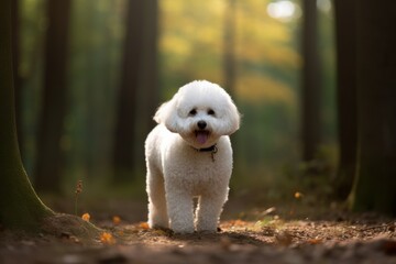 Full-length portrait photography of a happy bichon frise biting his tail against forests and woodlands background. With generative AI technology