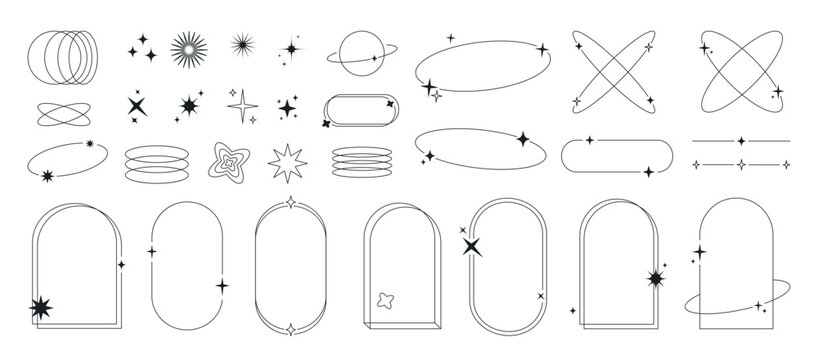 Modern minimalist aesthetic line elements, trendy linear frames with stars, arch frames with sparkles, geometric forms. Decorative set of vector frames in boho style.