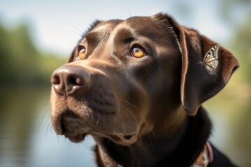 Headshot portrait photography of a scared labrador retriever having a butterfly on its nose against lakes and rivers background. With generative AI technology