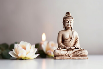 Buddha statue in meditation with lotus flower on light neutral background. Selective focus. Meditation, spiritual health, peace, searching zen concept. AI generated image