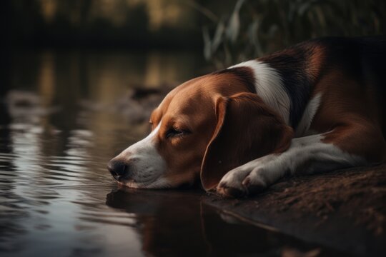 Lifestyle portrait photography of a curious beagle sleeping against lakes and rivers background. With generative AI technology