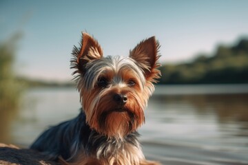 Lifestyle portrait photography of an aggressive yorkshire terrier scratching ears against lakes and rivers background. With generative AI technology