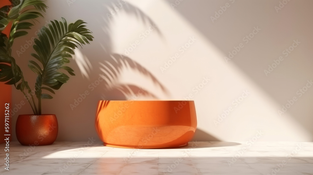 Poster product display background with sunlight and shadows on a wall. generative ai