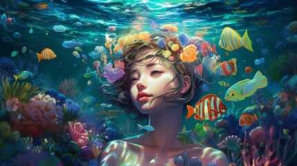 Fototapeta na wymiar a girl swimming underwater, smile, colorful colors, surrounded by colorful sea creatures and plants, in a realistic hyper detailed render style, mermaid in the water, Generative AI