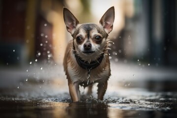 Environmental portrait photography of a curious chihuahua shaking off water after swimming against urban streets and alleys background. With generative AI technology