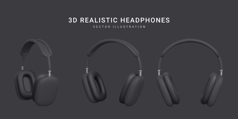 Set of 3d realistic black wireless headphones isolated on dark background. Vector illustration