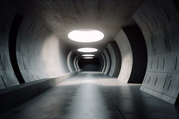 Empty concrete space with an abstract 3D tunnel form. Generative AI