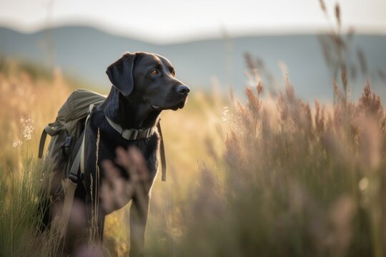 Environmental portrait photography of a curious labrador retriever hiking with the owner against open fields and meadows background. With generative AI technology