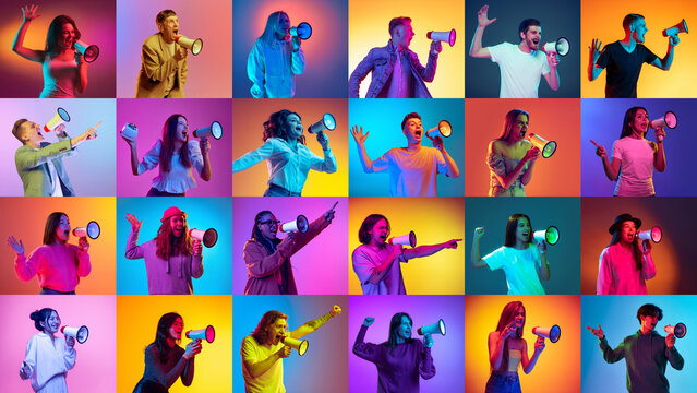 Collage made of portraits of different people emotionally shouting in megaphone over multicolored background in neon light. Concept of human emotions, youth, lifestyle, facial expression. Ad