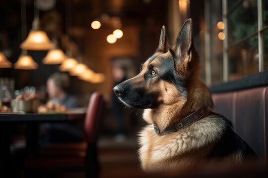 Lifestyle portrait photography of a scared german shepherd being at a dog-friendly restaurant against dog-friendly cafes and restaurants background. With generative AI technology