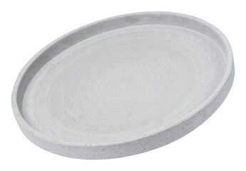 Empty round gray ceramic plate tilted on a white isolated background
