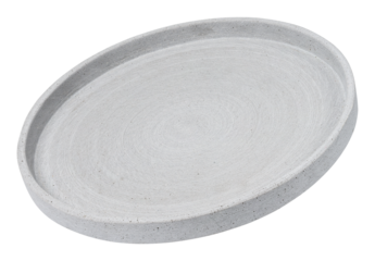 Empty round gray ceramic plate tilted on a white isolated background