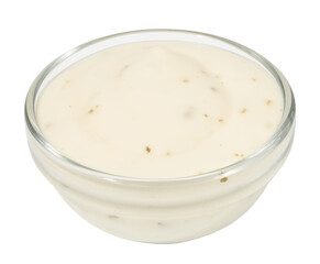 White sauce based on mayonnaise with dried herbs on a white background
