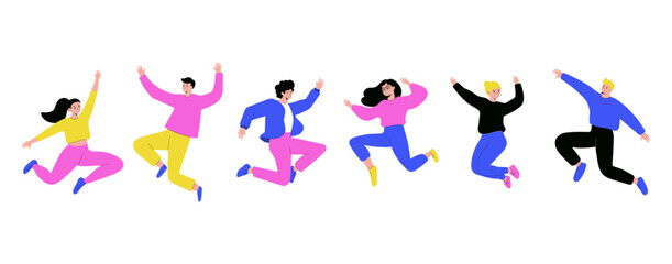 Happy people jumping, women and men flat design