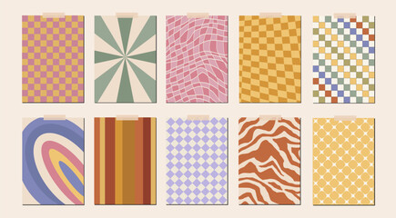 Set of hippie chessboard abstract retro groovy 70s 90s texture background. Vibrant vintage checkerboard, waves, mesh pattern. Vector psychedelic illustration in Y2k style