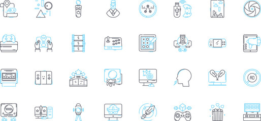 Radio Broadcasting linear icons set. roadcasting, Transmission, Reception, Antenna, Signal, Program, Station line vector and concept signs. Studio, Frequency, Modulation outline illustrations