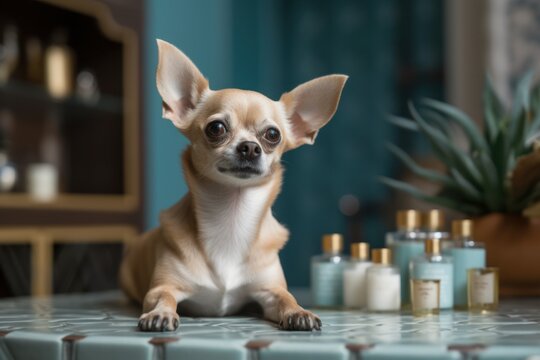 Lifestyle portrait photography of a happy chihuahua being at a spa against dog-friendly cafes and restaurants background. With generative AI technology