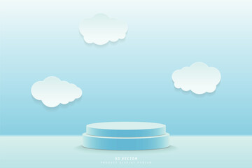 Abstract blue 3d studio room with realistic 3d cylinder podium pedestal stage or product display stand rendered with cloud paper cut on wall. 3d Vector rendering. Cloud scene for mockup, template.